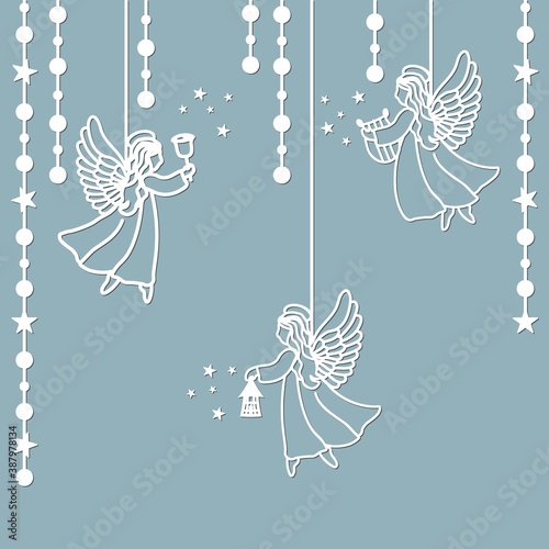 Template angel for cut of laser or engraved. Stencil for paper, plastic, wood, laser cut acrylic. Decoration for windows, wall and interior design. Cute Christmas decorations.