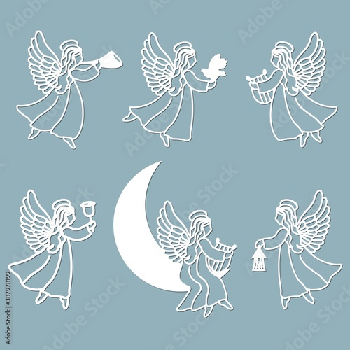 Template angel for cut of laser or engraved. Stencil for paper, plastic, wood, laser cut acrylic. Decoration for windows, wall and interior design. Cute Christmas decorations.