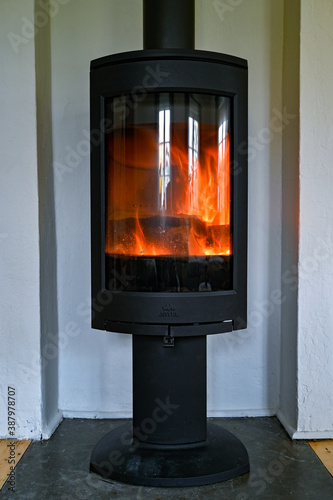 cast iron stove standing tall in livingroom