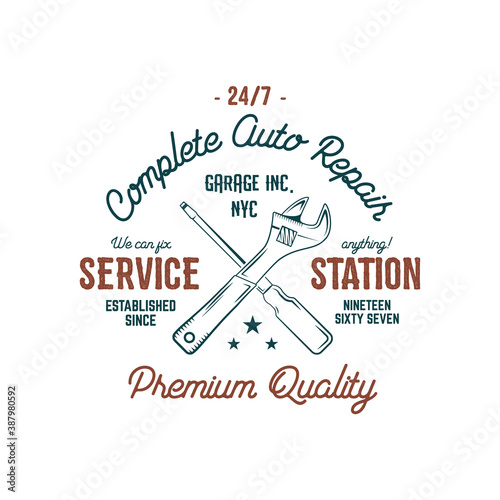 Service station vintage label, tee design graphics, complete auto repair service typography print. Custom t-shirt stamp, teeshirt graphic. Good for tee shirt print, emblem, logo on web. artwork © jeksonjs