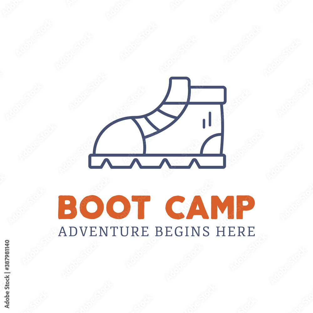 Camping adventure logo design with boot and typography elements. text - boot camp. Backpacking symbol in retro style. Monochrome. Nice for prints, tee design, web infographics. Camping adventure logo design with boot and typography elements. text - boot camp. Backpacking symbol in retro style. Monochrome. Nice for prints, tee design, web infographics.
