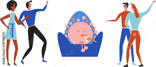 people discussing, arguing, wile coronavirus sitting relaxed in armchair, concept illustration
