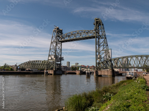 Historic steel railway bridge with lifting system at Rotterdam in the Netherlands © MyStockVideo