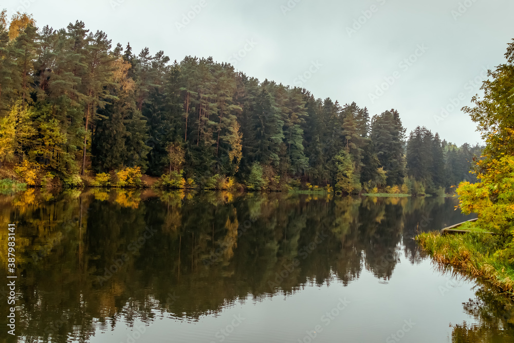 Beautiful landscape of forest, lake on a cloudy autumn day. Beautiful autumn landscape of nature