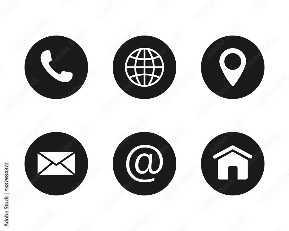 Round contact and communication icon. Call us, location, internet, mail and home icons. Isolated on white
