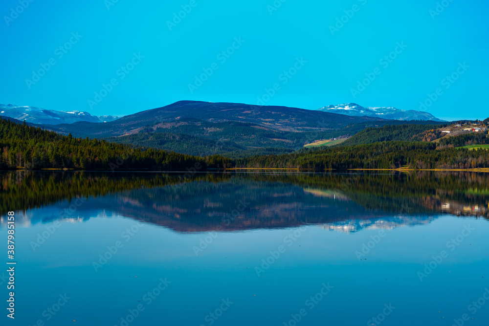 Calm lake surrounded by wild green pine forests and snowy mountain ranges in the distance.