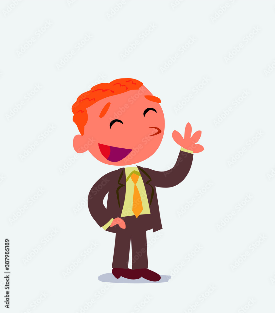  cartoon character of businessman waving informally while laughing