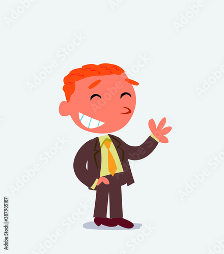 cartoon character of businessman waving informally while smiling