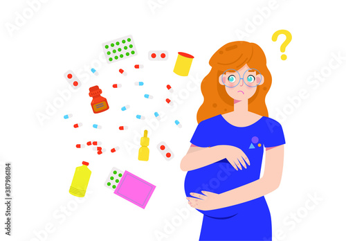 Pregnant girl is tormented by the choice of medicines. Future mom doesn't know what medicines to choose better, what will help. Big choice of medical drugs and vitamin.