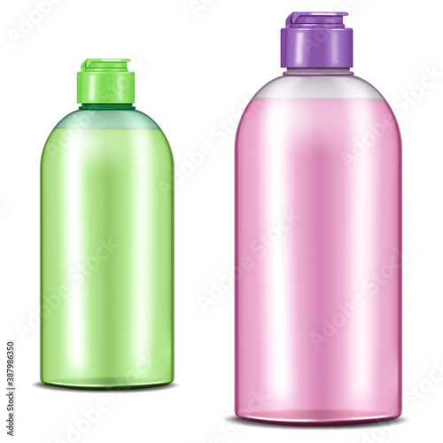 Colored plastic bottles with screw flip top cap filled with liquid isolated on white background, realistic vector illustration. Color set. Easy to recolor