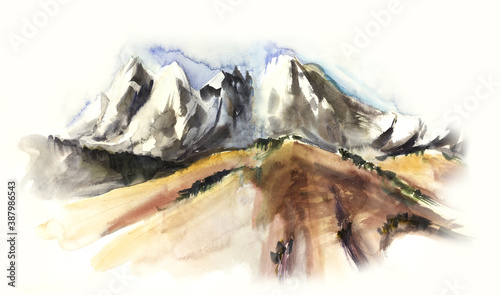 Abstract watercolor landscape of mountains. Blurry earth hills with rare vegetation, vague forests and massive rocks. Hand drawn illustration of wild nature on wet paper