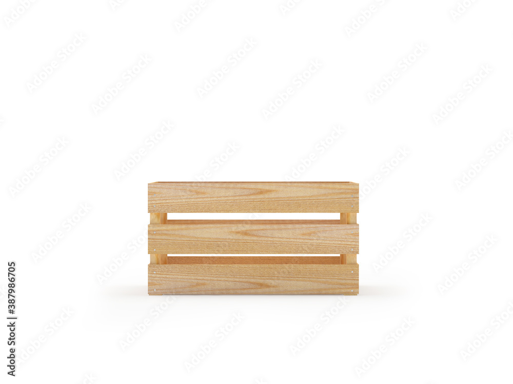 One empty wooden box for fruits or vegetables isolated on white. 3D illustration