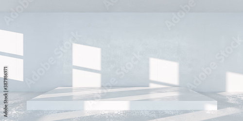 Empty room with concrete floor and diagonal shadows cast from sun light 3d render illustration © eliahinsomnia