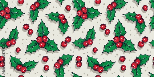 Colored seamless pattern wallpaper with decorative christmas holly for the new year holiday. Winter vector illustration for december party design