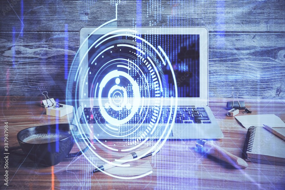 Double exposure of desktop with personal computer on background and tech theme drawing. Concept of Bigdata. Double exposure of desktop with personal computer on background and tech theme drawing. Concept of Bigdata.