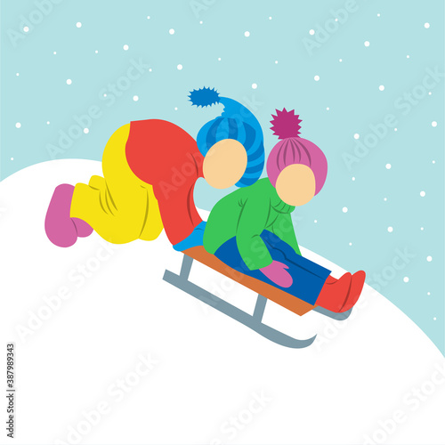 Children are sledding. Snowing. Vector illustration isolated.