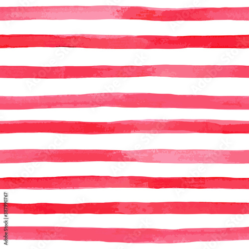 Beautiful seamless pattern with horizontal red watercolor stripes. hand painted brush strokes, striped background. Vector illustration