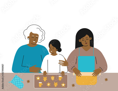 Vector Christmas flat illustration with copy space. Multi-generation african american family cooks tasty gingerbread biscuit at home. Grandma and happy little girl decorate cookies, mother rolls dough