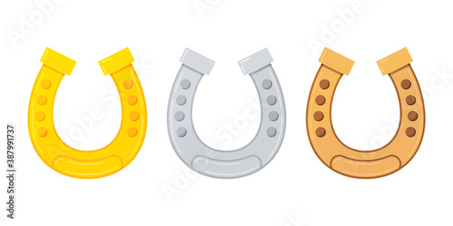 Golden, silver, bronze horseshoe icon vector set for good luck isolated on white background. Horseshoe sign collection. Flat cartoon style illustration. Lucky St. Patrick's day symbol.