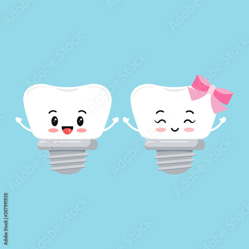 Dental implant tooth orthodontist icon set isolated on background. Cute smilling teeth with implant prosthesis boy and girl sign. Vector flat design cartoon style baby dentistry character illustration