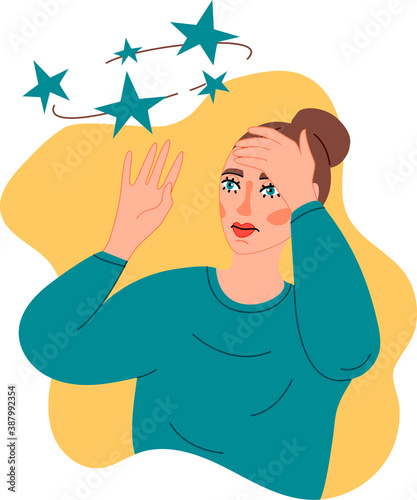 Isolated on white dizziness, vertigo vector illustration. Symptoms of a stroke, depression. Cardiovascular, brain problems design element. Medical symptom in cartoon style.