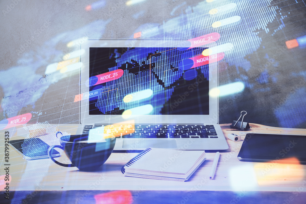 Double exposure of desktop computer and technology theme hologram. Concept of software development. Double exposure of desktop computer and technology theme hologram. Concept of software development.