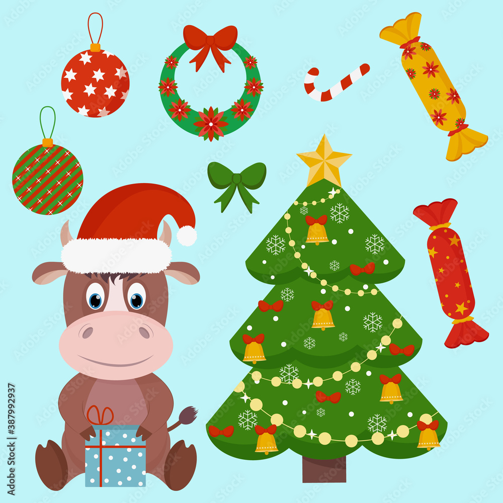 Vector set of Christmas tree, symbol of Chinese new year 2021, candy and gifts. Flat vector cartoon illustration. Vector set of Christmas tree, symbol of Chinese new year 2021, candy and gifts. Flat vector cartoon illustration.