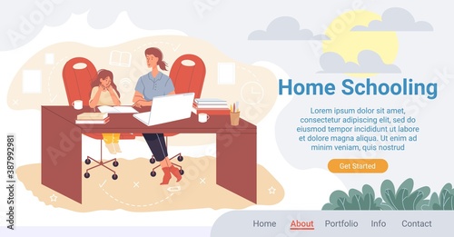 Home schooling landing page. Study process on quarantine organization. Online education service. Video lesson for pupil. Mom help kid learn. Woman tutor teaching girl student in comfortable condition