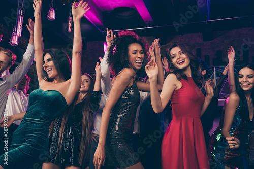 Photo portrait of carefree people together dancing at prom party having fun time wearing formal beautiful chic clothes