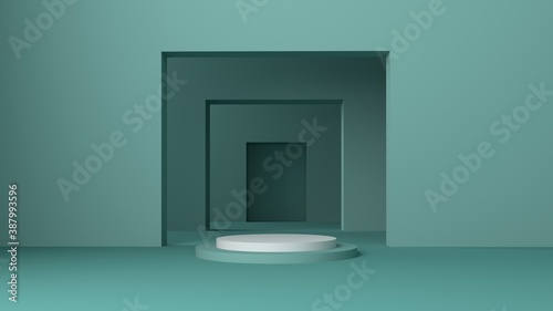 Minimal scene with podium and abstract background. Pastel Green and white colors scene. Trendy 3d render for social media banners, promotion, cosmetic product show. Geometric shapes interior.