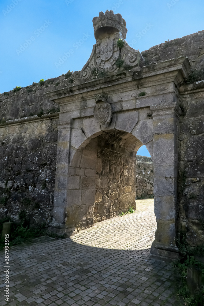 Entrance to the Santiago da Barra Fort, Monserrate parish, in the city, municipality and district of Viana do Castelo, North region, NUT III sub-region of Alto Minho, Portugal
