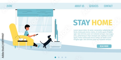 Stay home. Awareness social media campaign. Boy child staying at home watching tv show programm in living room. Health protection, coronavirus outbreak prevention way. Landing page design