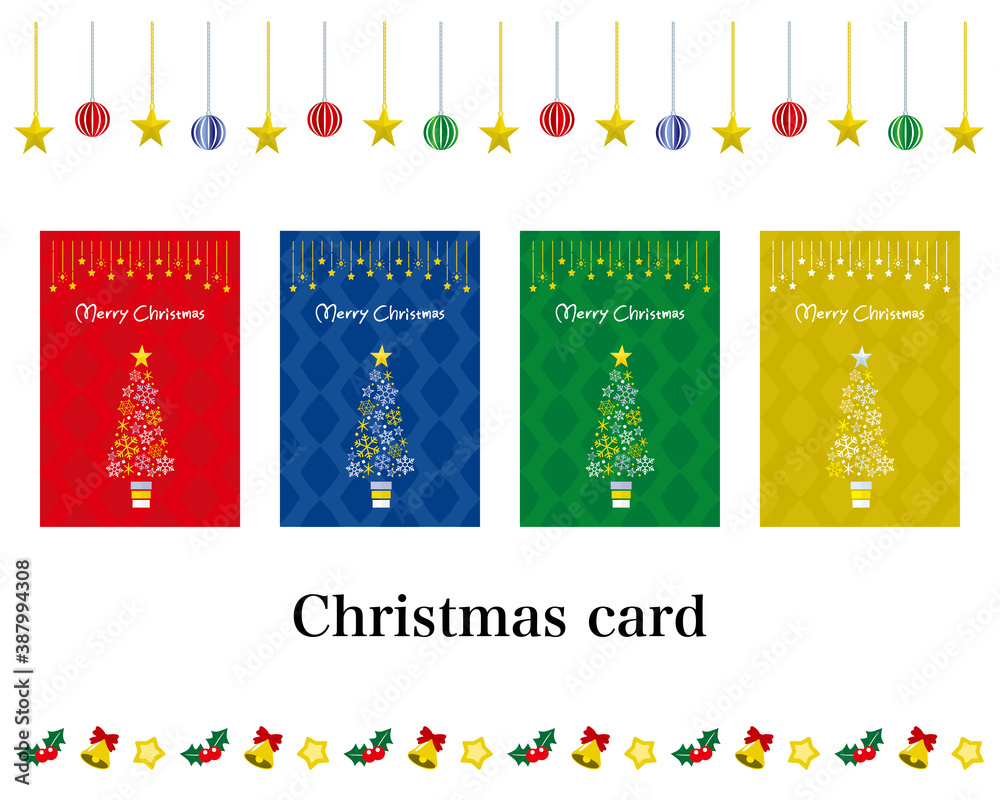 雪の結晶のクリスマスツリーのクリスマスカードセット グリーティングカード メッセージカード ポストカード 金色 赤 青 緑 Christmas Tree Greeting Card Background Stock Vector Adobe Stock