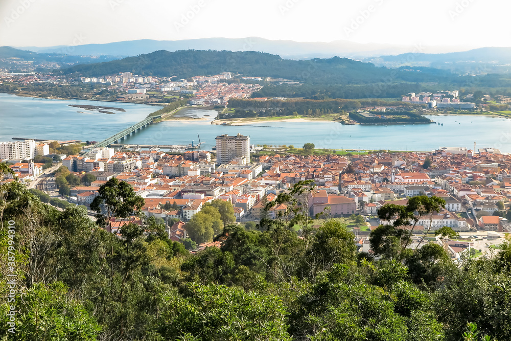Fototapeta premium General view of the city of Viana do Castelo, with the Eiffel metal bridge, over the river Lima, North region, NUT III sub-region of Alto Minho, Portugal