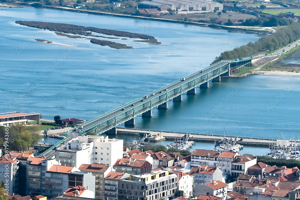 Aerial view of the old Eiffel bridge, in metallic structure over the river Lima, city of Viana do Castelo, North region, NUT III sub-region of Alto Minho, Portugal