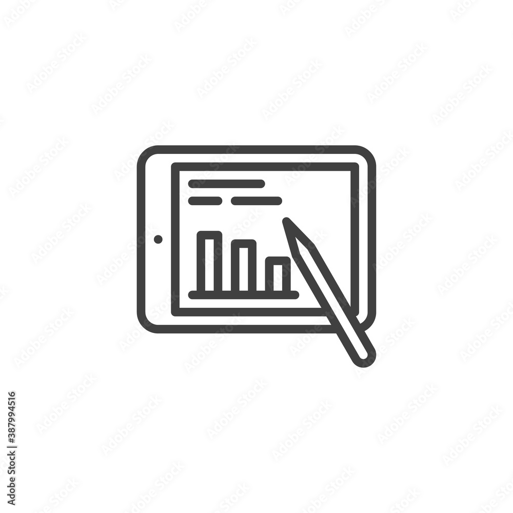Tablet with statistics chart line icon. linear style sign for mobile concept and web design. Business report, spreadsheet outline vector icon. Symbol, logo illustration. Vector graphics Tablet with statistics chart line icon. linear style sign for mobile concept and web design. Business report, spreadsheet outline vector icon. Symbol, logo illustration. Vector graphics
