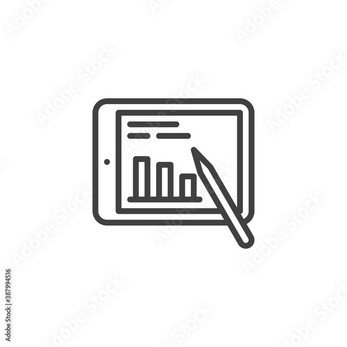 Tablet with statistics chart line icon. linear style sign for mobile concept and web design. Business report, spreadsheet outline vector icon. Symbol, logo illustration. Vector graphics