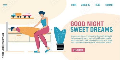 Loving mother admire adorable son sleeping in bed. Mom stroke child back. Good night sweet dream wish. Family bedtime activity, evening lifestyle, together entertainment. Landing page design template