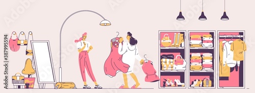 Wardrobe scene with personal stylist helping woman to look stylish. Outline graphic style drawn with pink and yellow, large mirror, shoes and bags