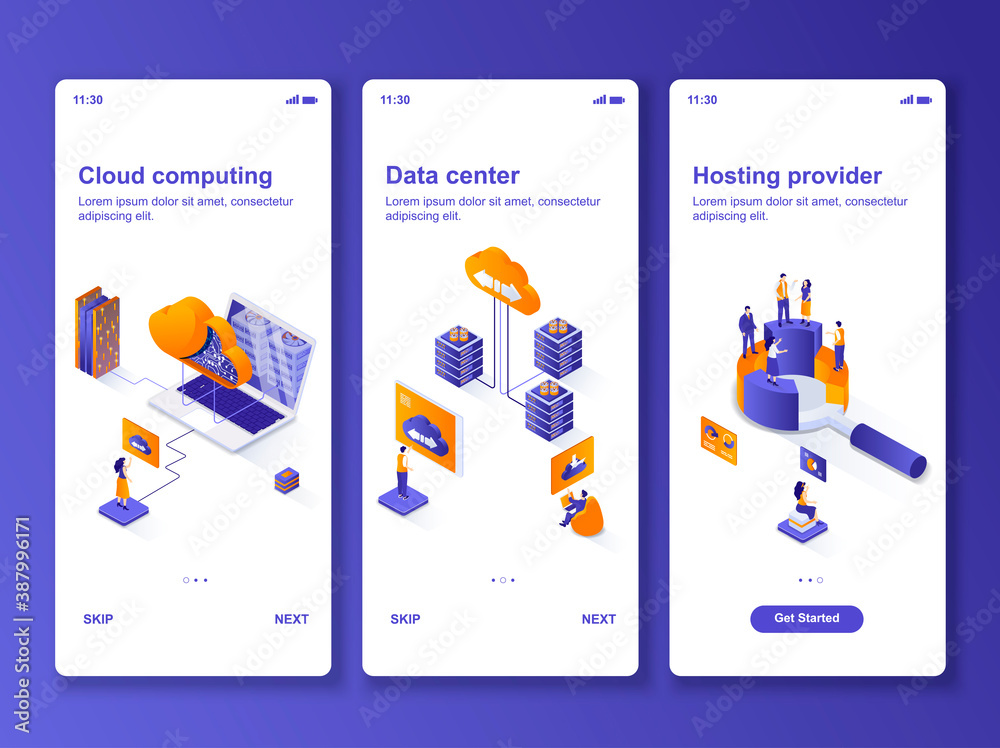 Data center isometric GUI design kit. Cloud computing, hosting provider  services templates for mobile app. Data processing UI UX onboarding  screens. Vector illustration with tiny people characters. Stock Vector |  Adobe Stock