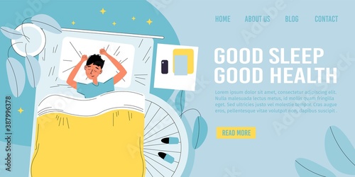 Correct sleep for good health, work rest hours schedule for children. Boy kid taking nap in comfortable bed. Daily life, night recreation for energy replenishment. Landing page design template