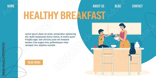 Healthy children breakfast landing page design. Proper nutrition, best recipe for child body development, growth. Mother feeding son giving fruit, milk porridge at home kitchen. Good morning appetite