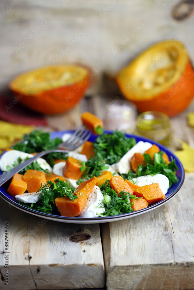 Autumn pumpkin salad with mozzarella. Healthy food. Autumn mood. Autumn pumpkin salad with mozzarella. Healthy food. Autumn mood.
