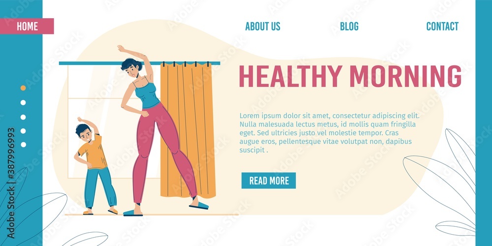 Healthy morning. Everyday early workout. Physical exercise for mother son child. Home training for body development, health care. Active lifestyle, productive daily life. Landing page design template