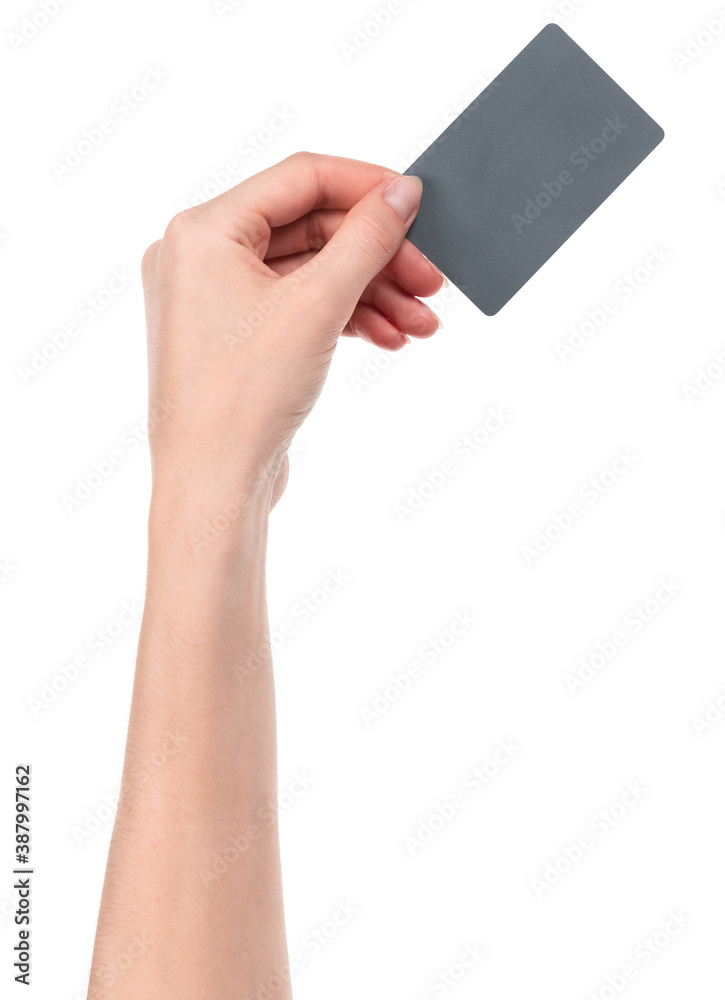 Female caucasian hands with blank business card isolated on white background. blank for designers Female caucasian hands with blank business card isolated on white background. blank for designers