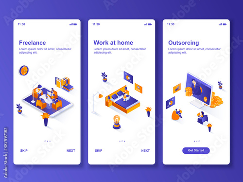 Work at home isometric GUI design kit. Freelance occupation, outsourcing company templates for mobile app. Remote workforce UI UX onboarding screens. Vector illustration with tiny people characters.