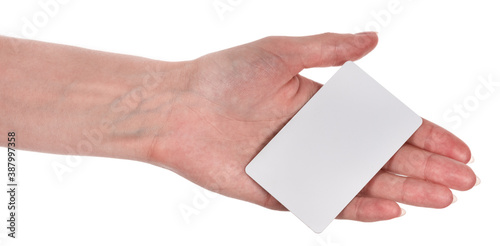 Female caucasian hands with blank business card isolated on white background. blank for designers