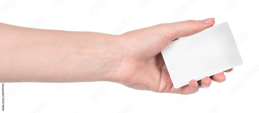 Female caucasian hands with blank business card isolated on white background. blank for designers Female caucasian hands with blank business card isolated on white background. blank for designers