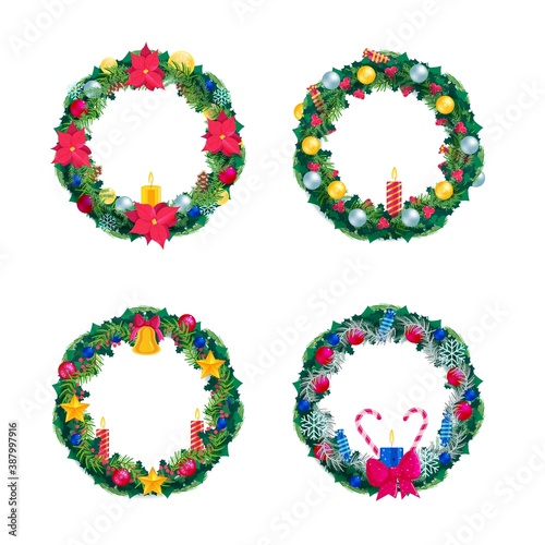 Christmas and New Year wreath set. Xmas fir tree brunch round frame ornament with festive star, ball, bauble, bow, candle and flower decoration vector illustration isolated on white background