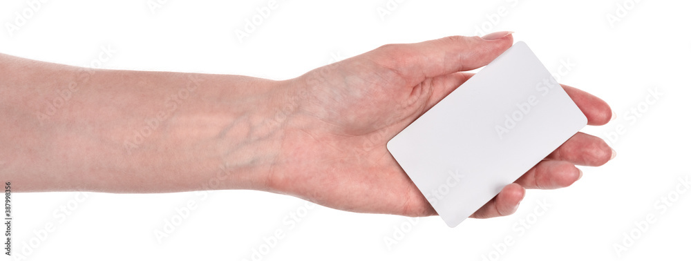 Female caucasian hands with blank business card isolated on white background. blank for designers